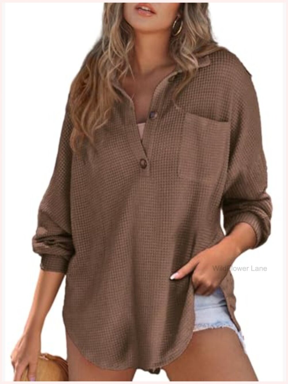 Waffle Knit Henley Oversized Tunic Long Sleeve V Neck Pullover Top - Picture 4 of 7